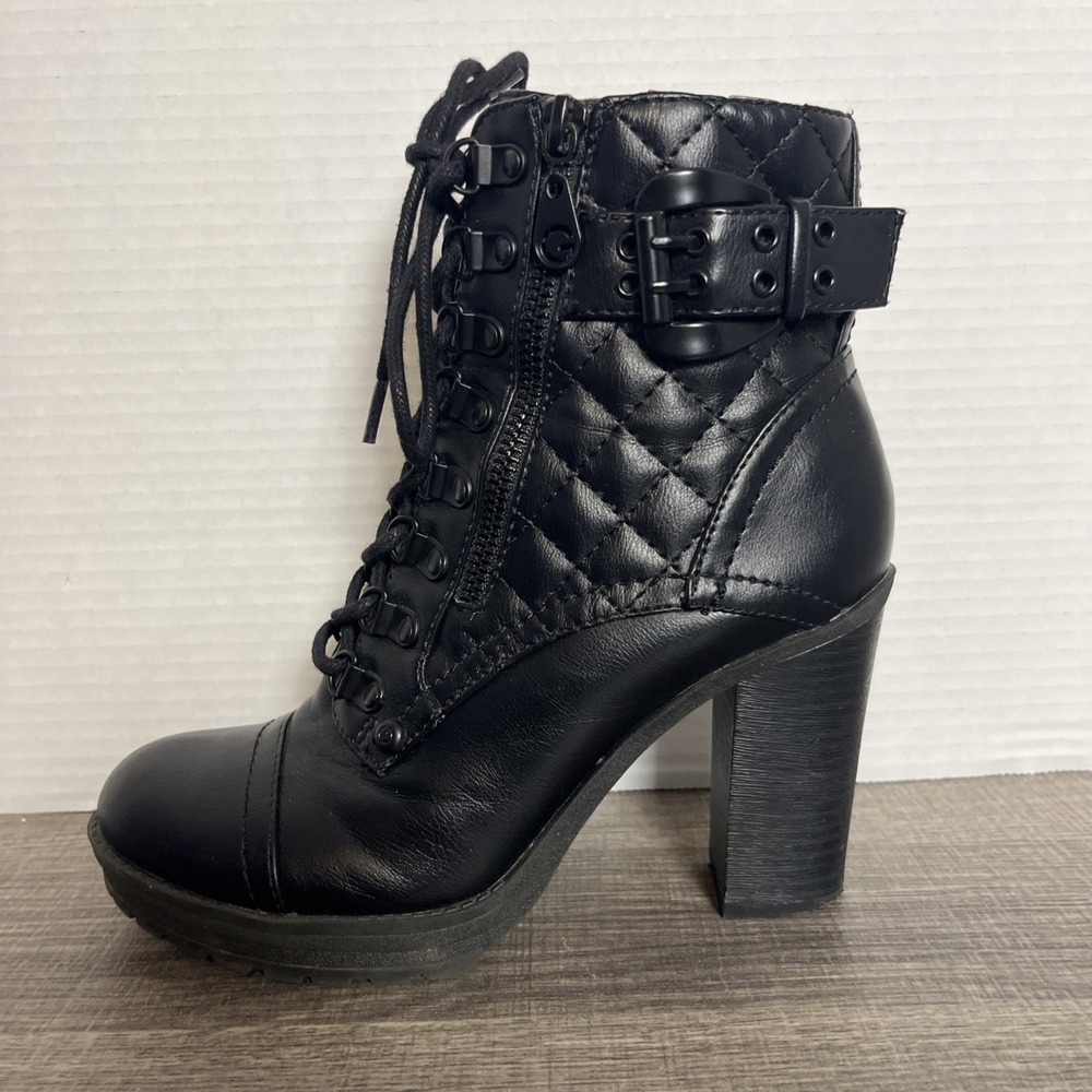 G by Guess Combat Boots 6.5 Black Lace up Zip Biker Heel Ankle Bootie Whimsigoth - Picture 6 of 11